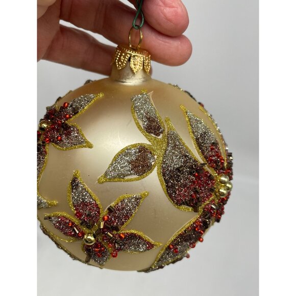 Vintage Kirkland Jeweled Poinsettia Glass Ornament Seed Beads Gliter Ball pair - Picture 8 of 13